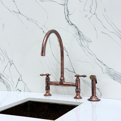 Antique Copper Bridge Kitchen Faucet with Sprayer, Drinking Water Tap and Lever Handles