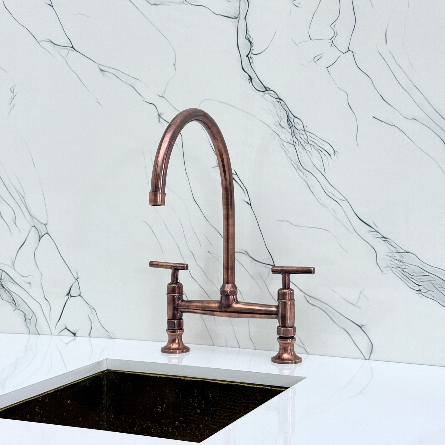 Antique Copper Bridge Kitchen Faucet with Sprayer, Drinking Water Tap and Lever Handles