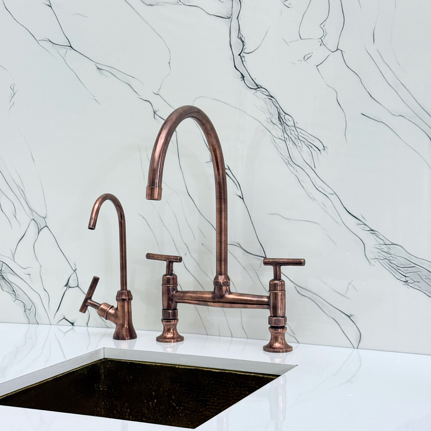 Antique Copper Bridge Kitchen Faucet with Sprayer, Drinking Water Tap and Lever Handles