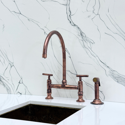 Antique Copper Bridge Kitchen Faucet with Sprayer, Drinking Water Tap and Lever Handles