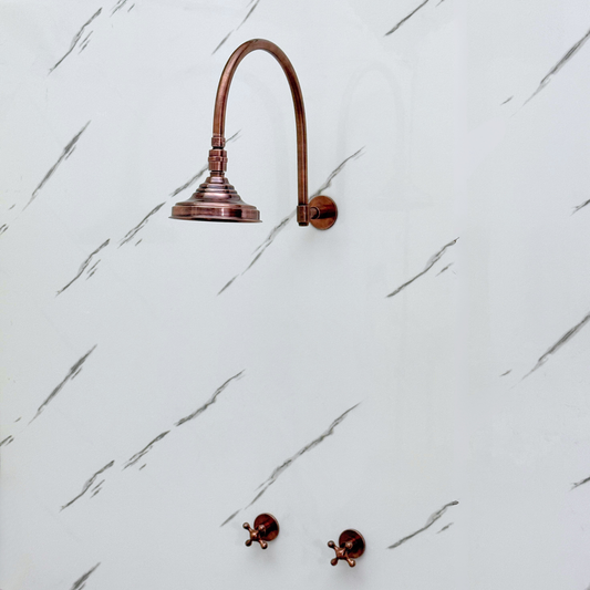 Antique Copper Shower System with Adjustable Round Rain Shower Head, Arcuate Arm and Cross Handles