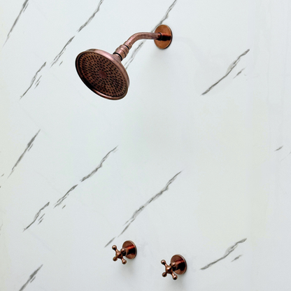 Antique Copper Shower System with Round Rain Adjustable Shower Head, Short Arm and Cross Handles