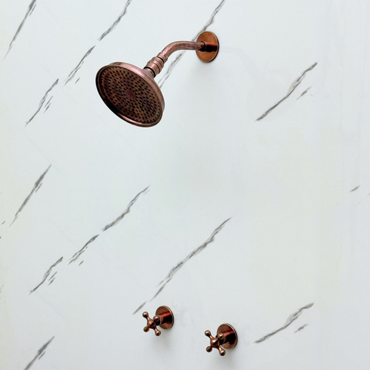 Antique Copper Shower System with Round Rain Adjustable Shower Head, Short Arm and Cross Handles