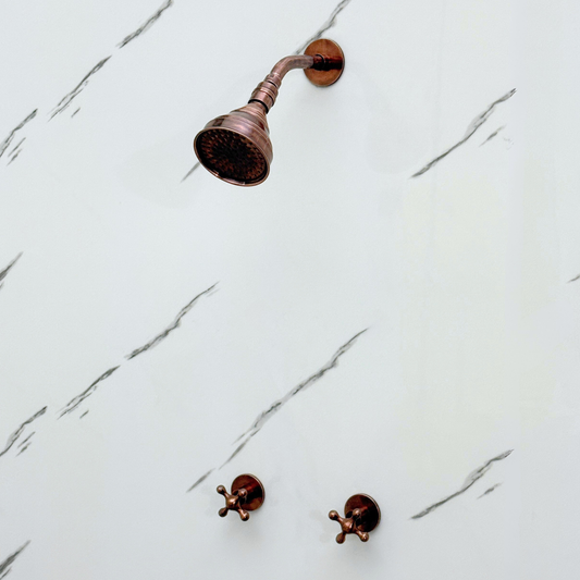 Antique Copper Shower System with Adjustable Round Rain Shower Head, Short Arm and Cross Handles