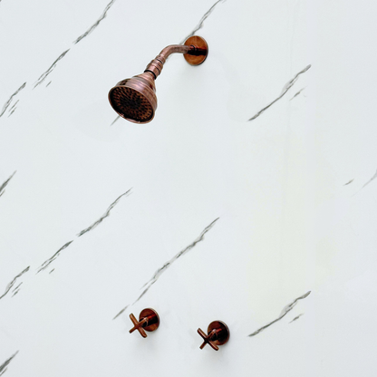 Antique Copper Shower System with Adjustable Round Rain Shower Head, Short Arm and Cross Handles