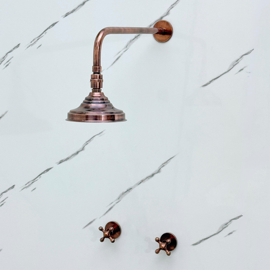 Antique Copper Shower System with Adjustable Round Rain Shower Head, Straight Arm and Cross Handles