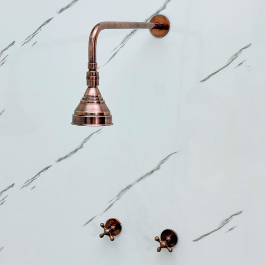 Antique Copper Shower System with Adjustable Round Rain Shower Head, Straight Arm and Cross Handles
