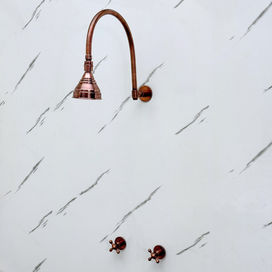 Antique Copper Shower System with Round Rain Shower Head, Arcuate Arm and Cross Handles