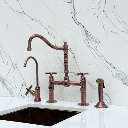 Antique Copper Victorian Bridge Faucet with Sprayer, Cold Water Faucet, Straight Legs and Cross Handles