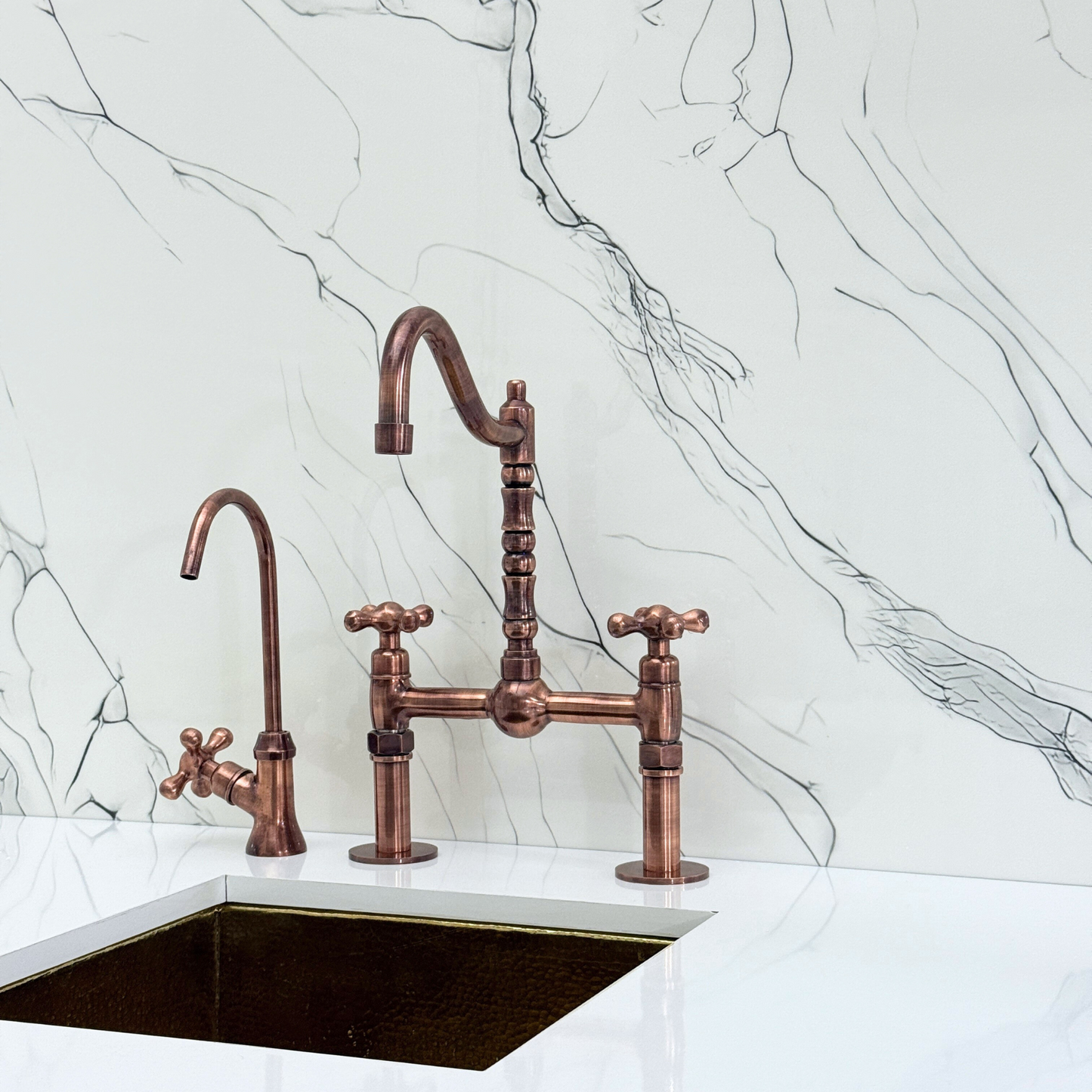 Antique Copper Victorian Bridge Faucet with Sprayer, Cold Water Faucet, Straight Legs and Cross Handles