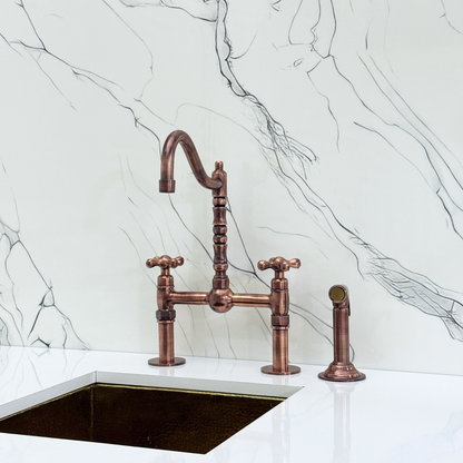 Antique Copper Victorian Bridge Faucet with Sprayer, Cold Water Faucet, Straight Legs and Cross Handles