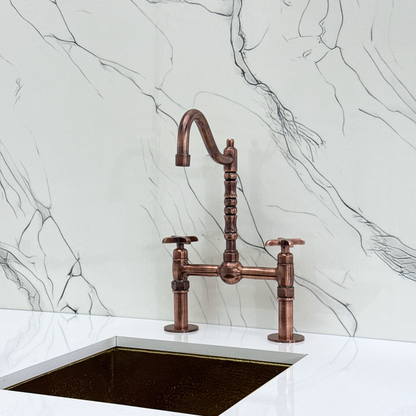 Antique Copper Victorian Bridge Faucet with Sprayer, Cold Water Faucet, Straight Legs and Cross Handles