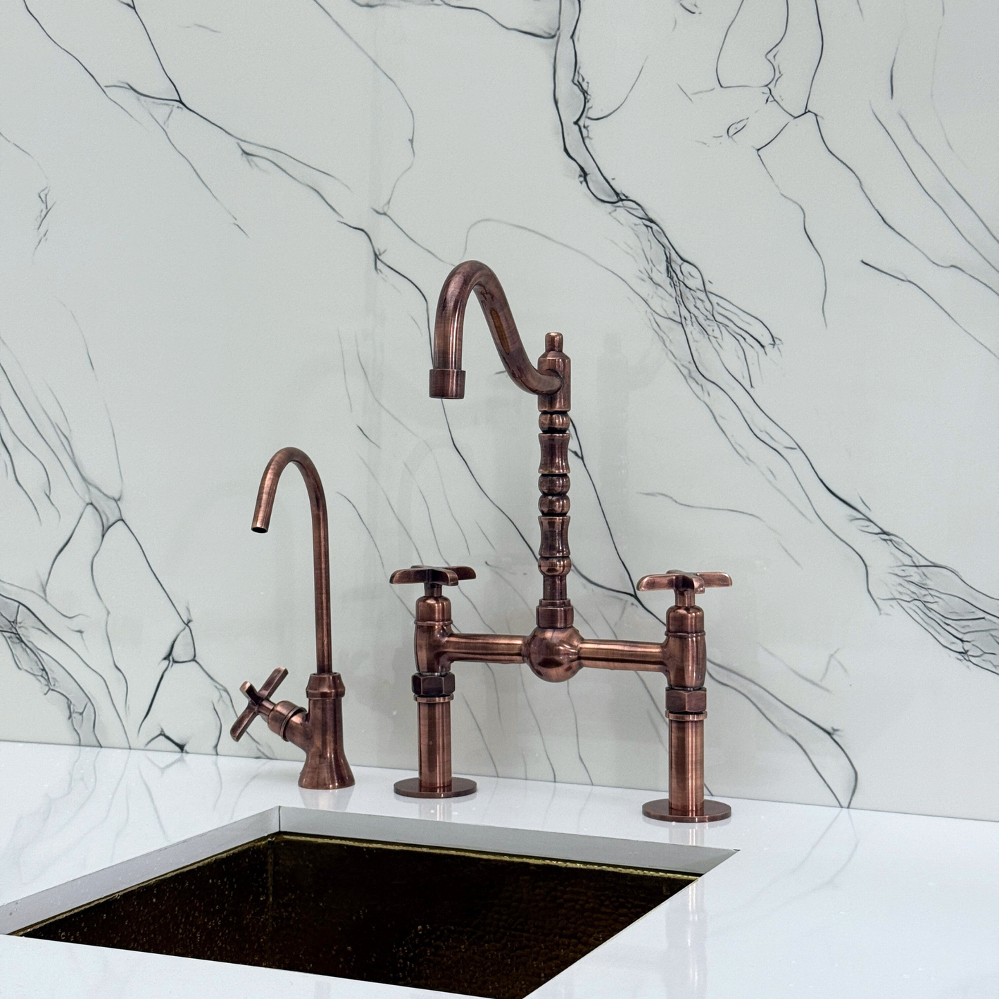 Antique Copper Victorian Bridge Faucet with Sprayer, Cold Water Faucet, Straight Legs and Cross Handles