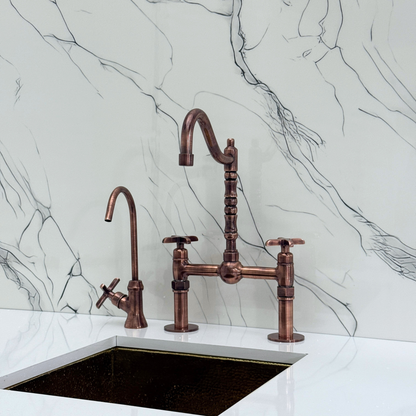 Antique Copper Victorian Bridge Faucet with Sprayer, Cold Water Faucet, Straight Legs and Cross Handles