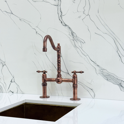 Antique Copper Victorian Bridge Faucet with Sprayer, Cold Water Faucet, Straight Legs and Lever Handles