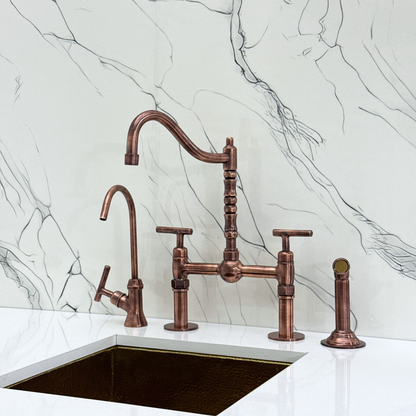 Antique Copper Victorian Bridge Faucet with Sprayer, Cold Water Faucet, Straight Legs and Lever Handles