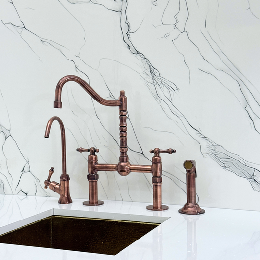 Antique Copper Victorian Bridge Faucet with Sprayer, Cold Water Faucet, Straight Legs and Lever Handles