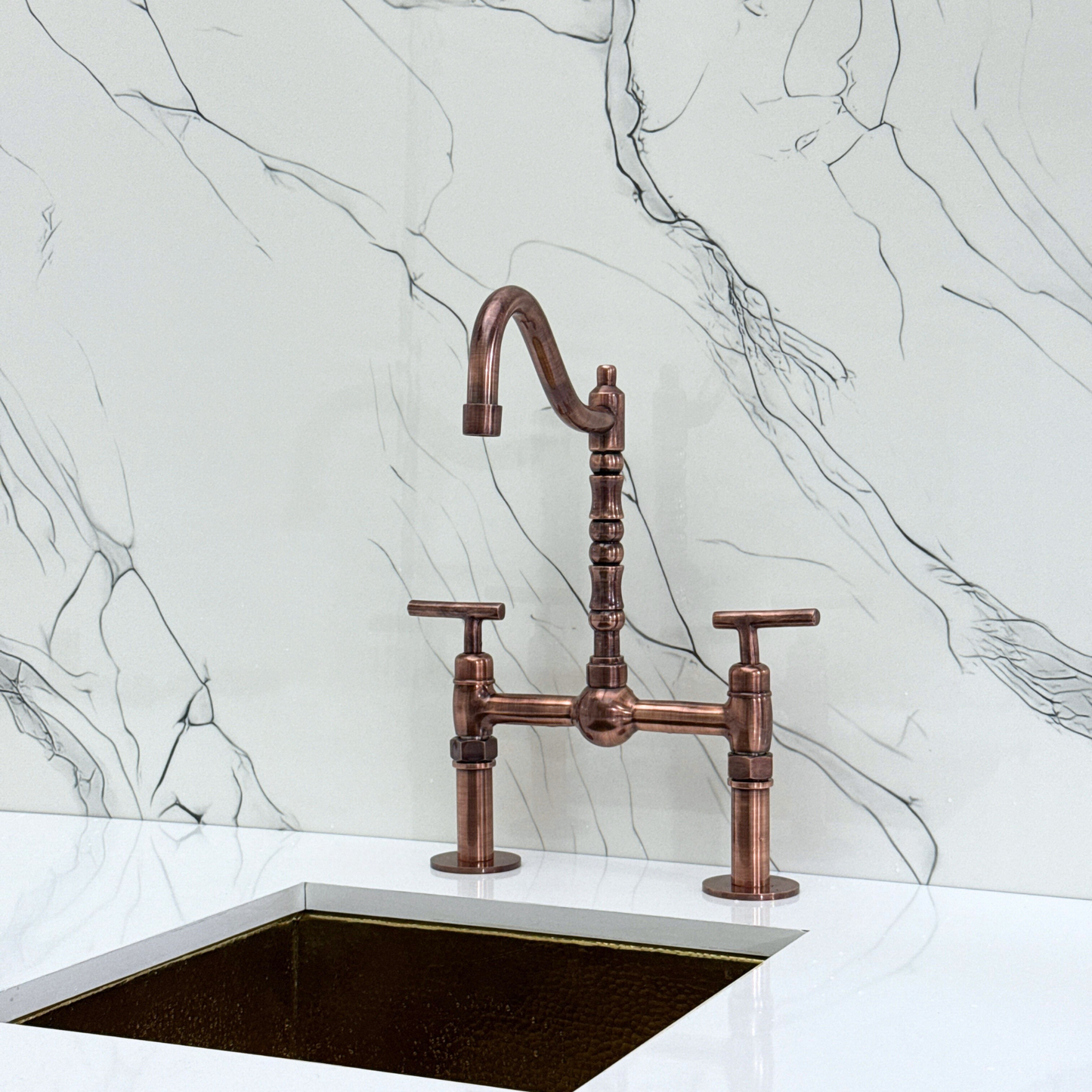 Antique Copper Victorian Bridge Faucet with Sprayer, Cold Water Faucet, Straight Legs and Lever Handles