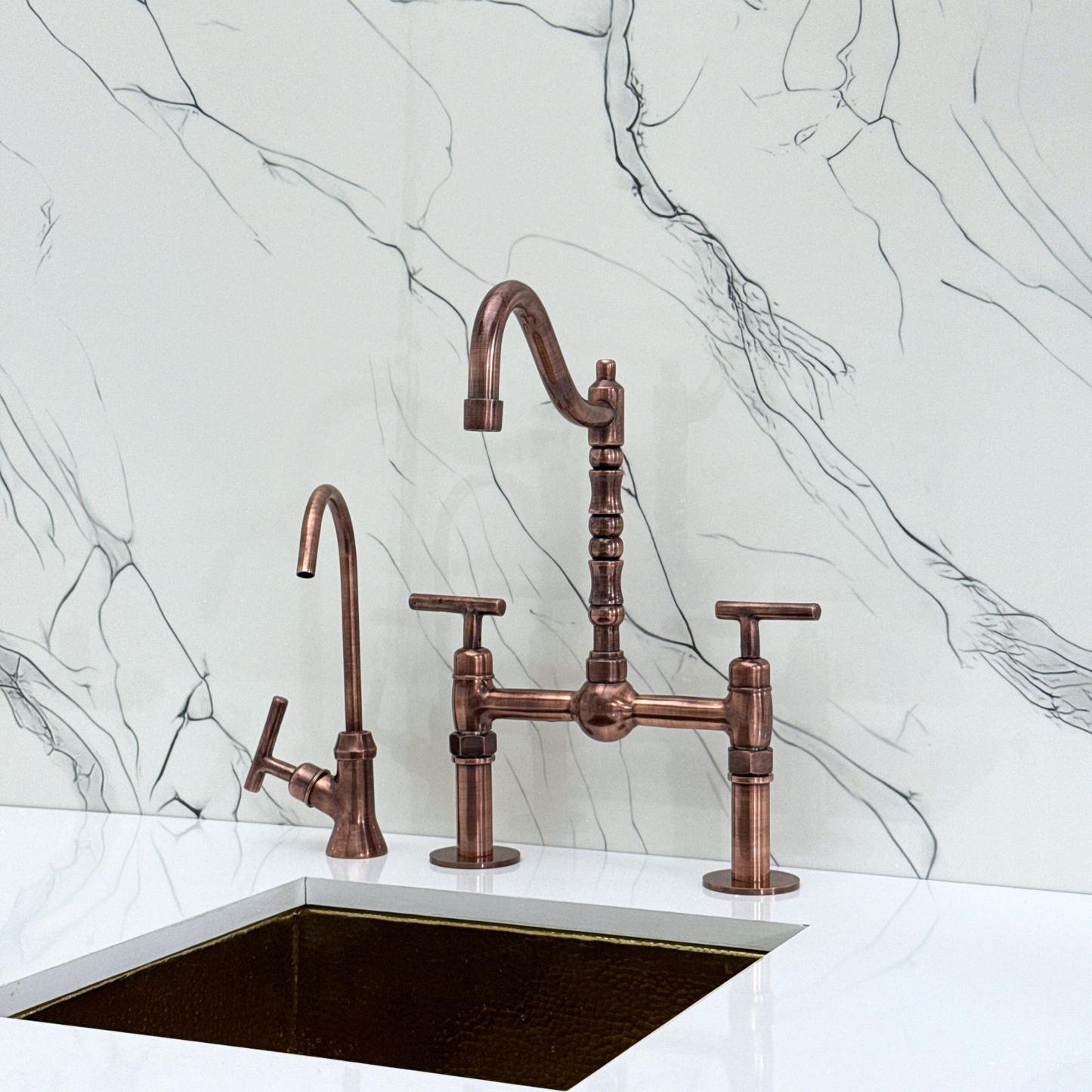 Antique Copper Victorian Bridge Faucet with Sprayer, Cold Water Faucet, Straight Legs and Lever Handles