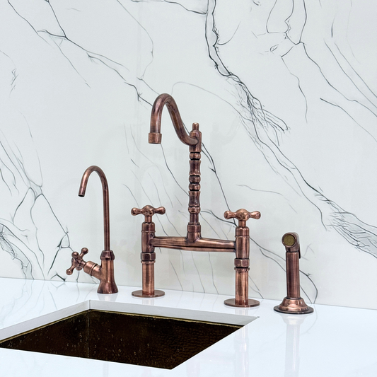 Antique Copper Victorian Bridge Faucet with Sprayer, Cold Water Faucet and Cross Handles
