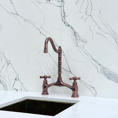 Antique Copper Victorian Bridge Kitchen Faucet with Sprayer, Drinking Water Tap and Cross Handles