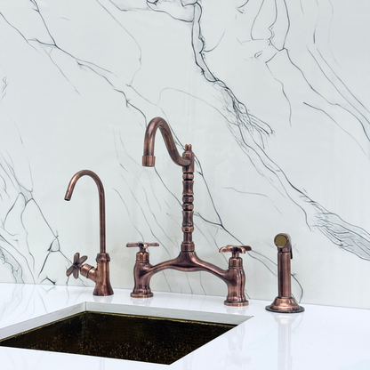 Antique Copper Victorian Bridge Kitchen Faucet with Sprayer, Drinking Water Tap and Cross Handles