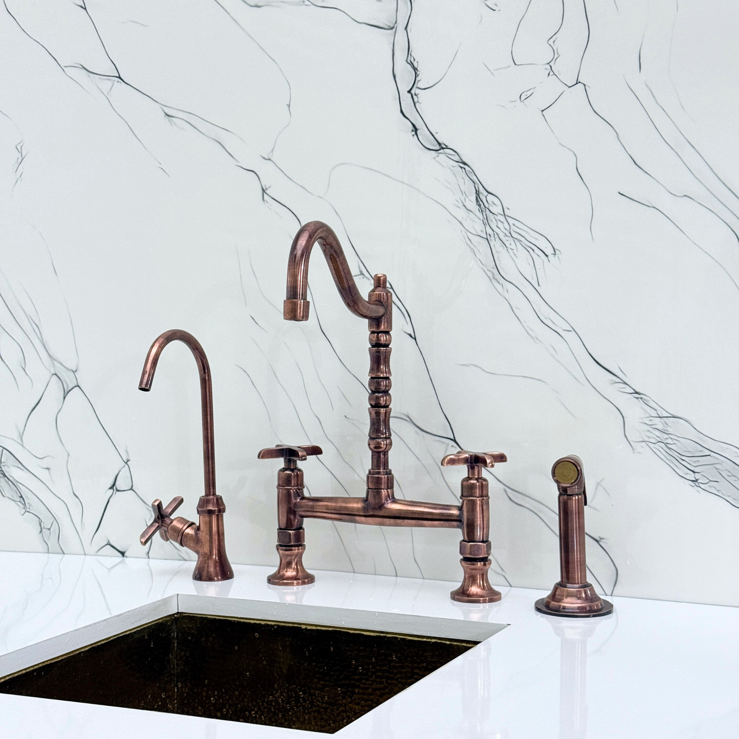 Antique Copper Bridge Victorian Kitchen Faucet with Sprayer, Drinking Water Tap and Cross Handles