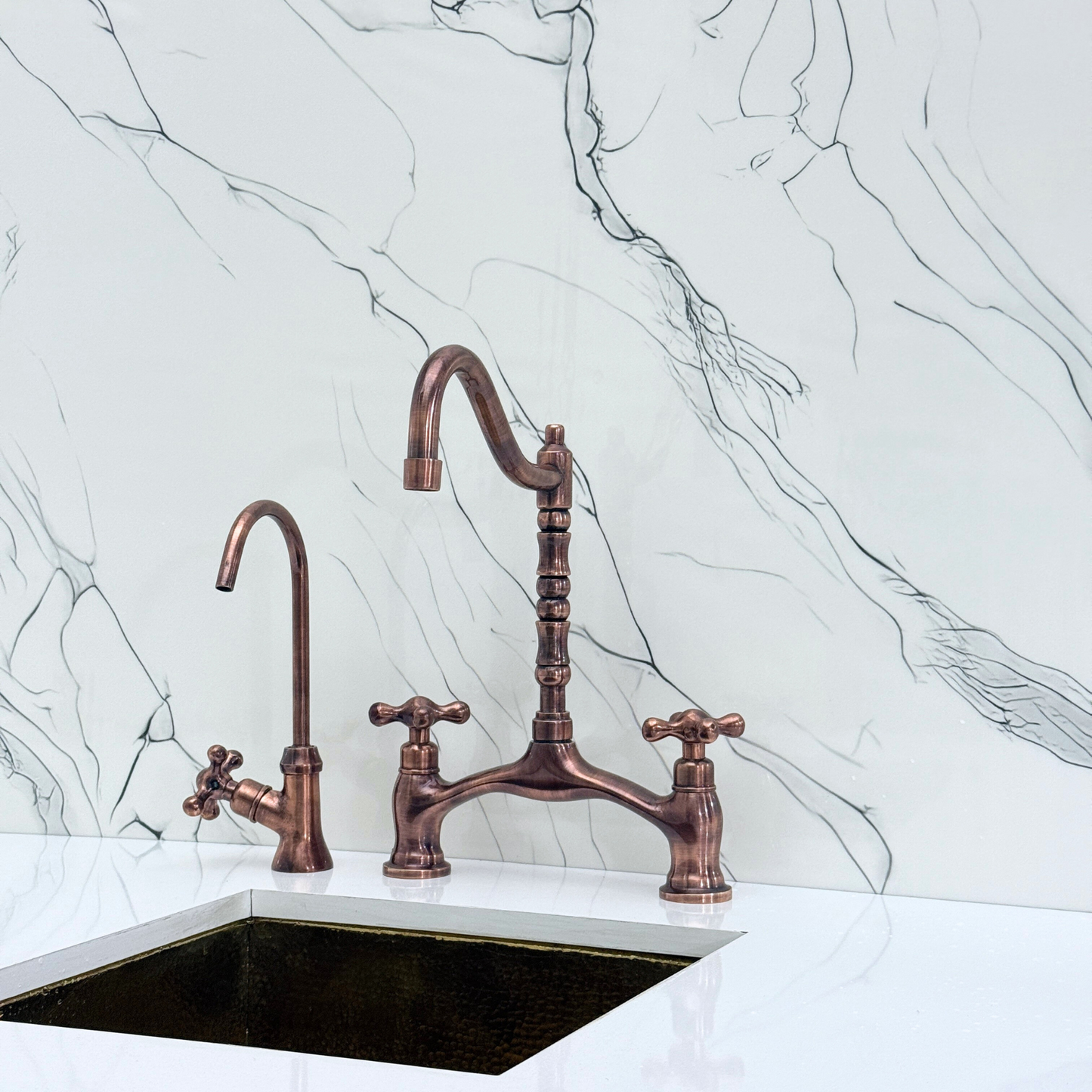 Antique Copper Victorian Bridge Kitchen Faucet with Sprayer, Drinking Water Tap and Cross Handles