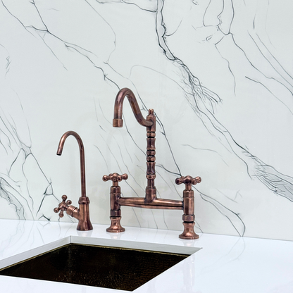 Antique Copper Bridge Victorian Kitchen Faucet with Sprayer, Drinking Water Tap and Cross Handles