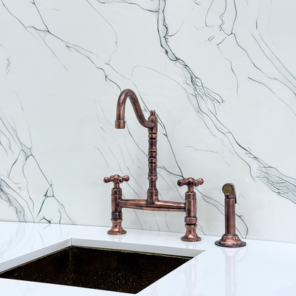 Antique Copper Bridge Victorian Kitchen Faucet with Sprayer, Drinking Water Tap and Cross Handles
