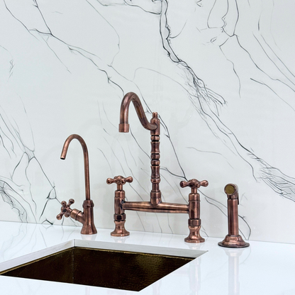 Antique Copper Bridge Victorian Kitchen Faucet with Sprayer, Drinking Water Tap and Cross Handles