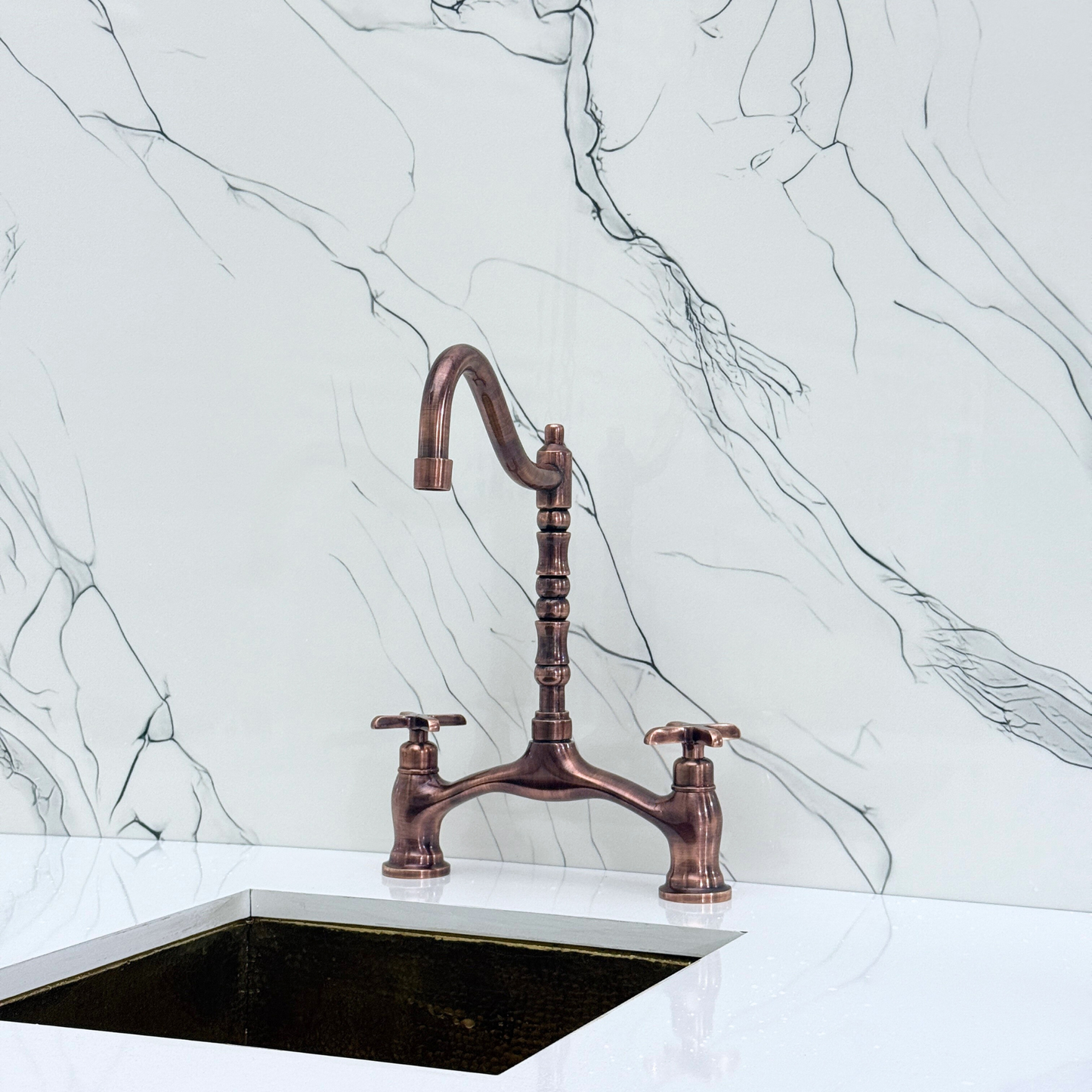 Antique Copper Victorian Bridge Kitchen Faucet with Sprayer, Drinking Water Tap and Cross Handles