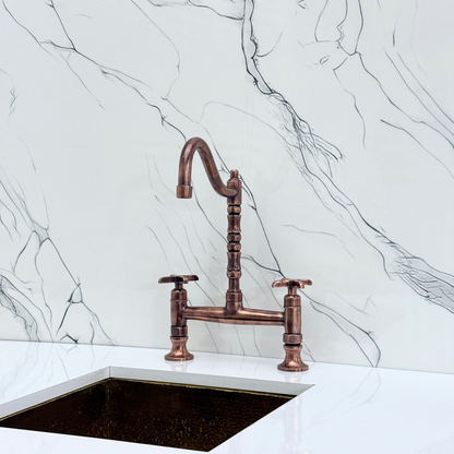 Antique Copper Bridge Victorian Kitchen Faucet with Sprayer, Drinking Water Tap and Cross Handles
