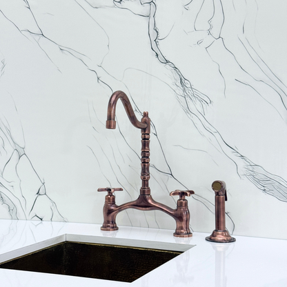 Antique Copper Victorian Bridge Kitchen Faucet with Sprayer, Drinking Water Tap and Cross Handles