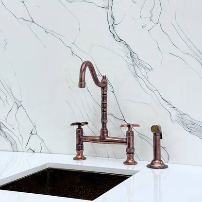 Antique Copper Bridge Victorian Kitchen Faucet with Sprayer, Drinking Water Tap and Cross Handles