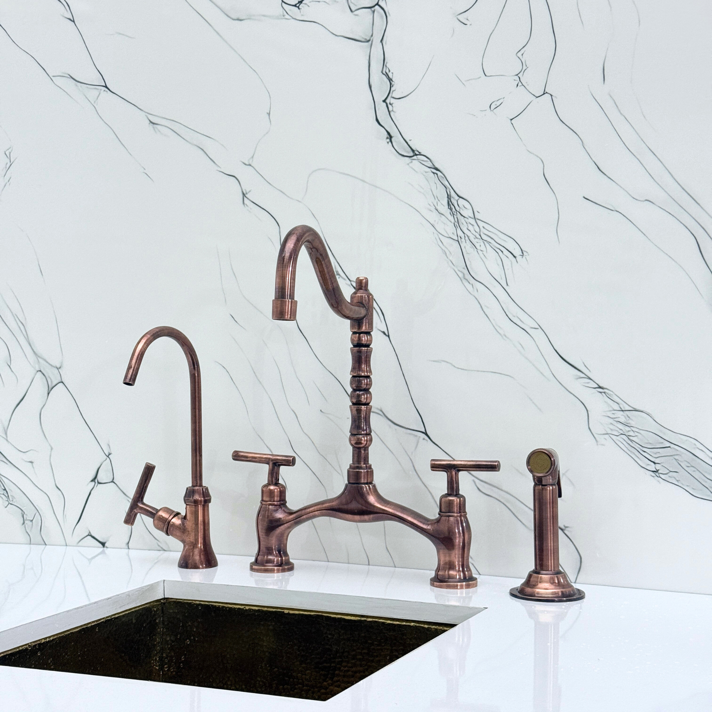 Antique Copper Victorian Bridge Kitchen Faucet with Sprayer, Drinking Water Tap and Lever Handles