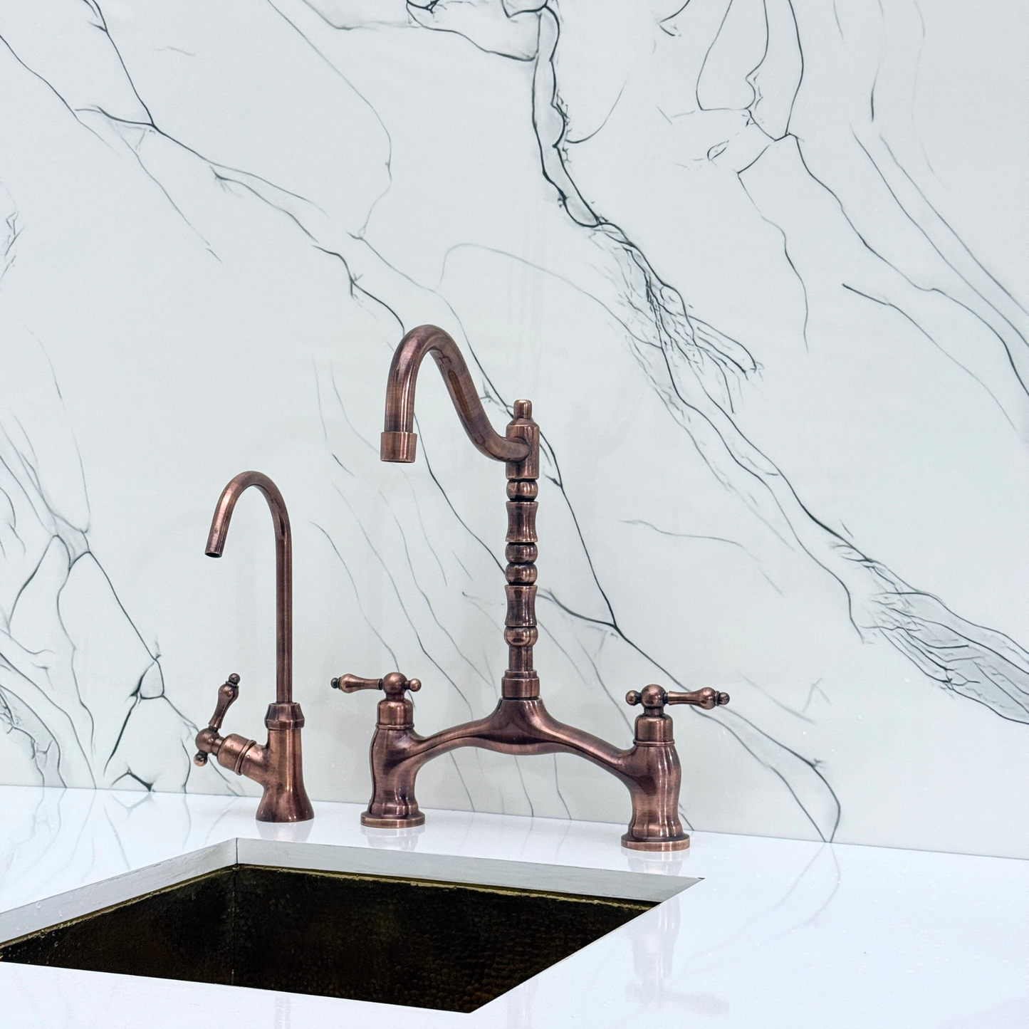 Antique Copper Victorian Bridge Kitchen Faucet with Sprayer, Drinking Water Tap and Lever Handles