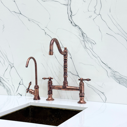 Antique Copper Bridge Victorian Kitchen Faucet with Sprayer, Drinking Water Tap and Lever Handles