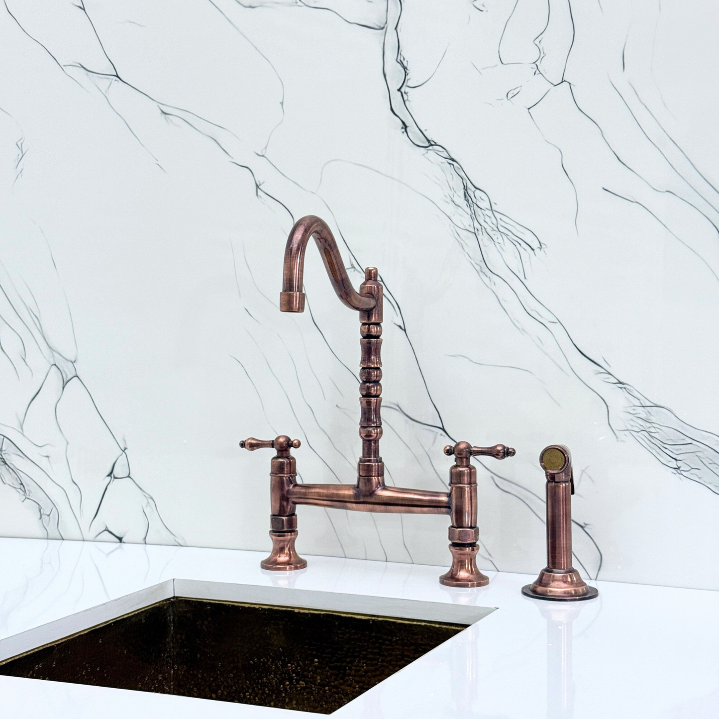 Antique Copper Bridge Victorian Kitchen Faucet with Sprayer, Drinking Water Tap and Lever Handles