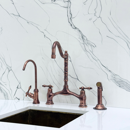 Antique Copper Victorian Bridge Kitchen Faucet with Sprayer, Drinking Water Tap and Lever Handles