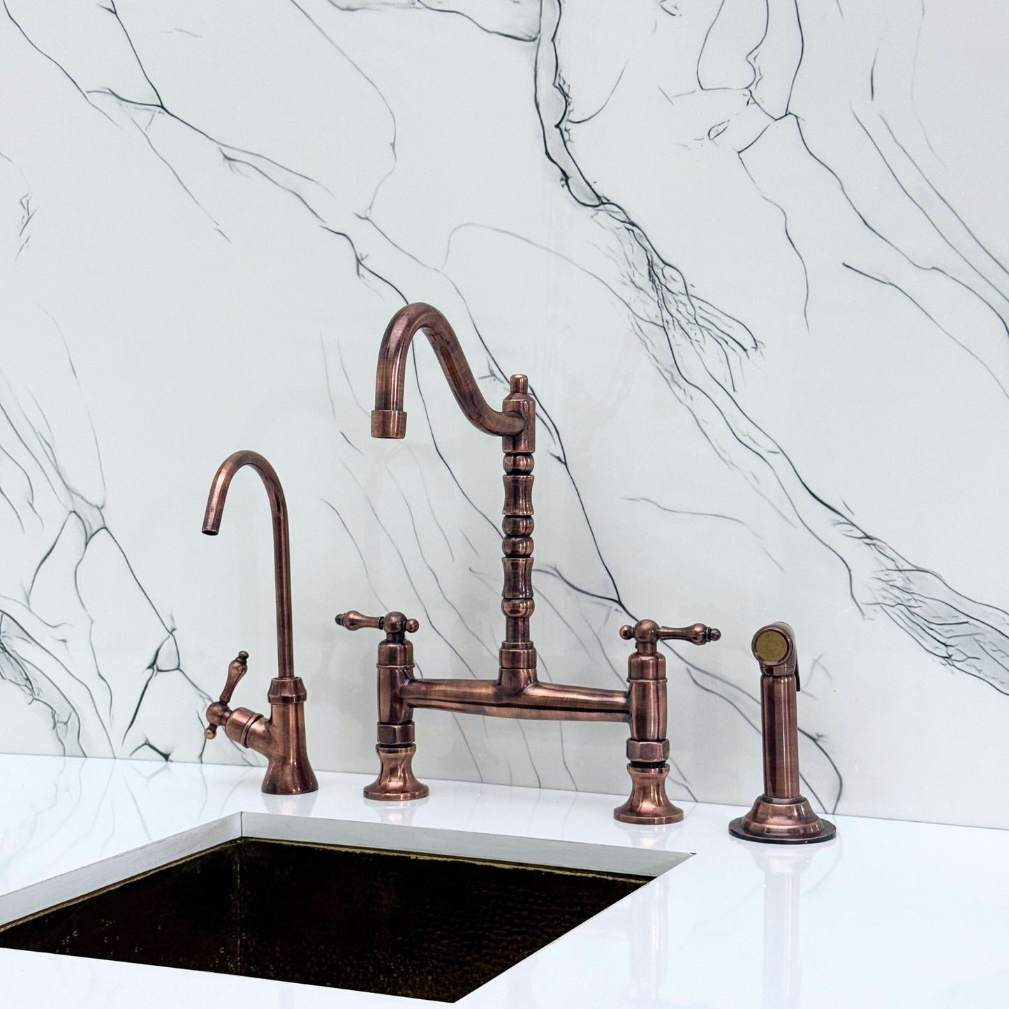 Antique Copper Bridge Victorian Kitchen Faucet with Sprayer, Drinking Water Tap and Lever Handles