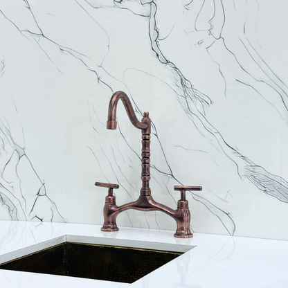 Antique Copper Victorian Bridge Kitchen Faucet with Sprayer, Drinking Water Tap and Lever Handles