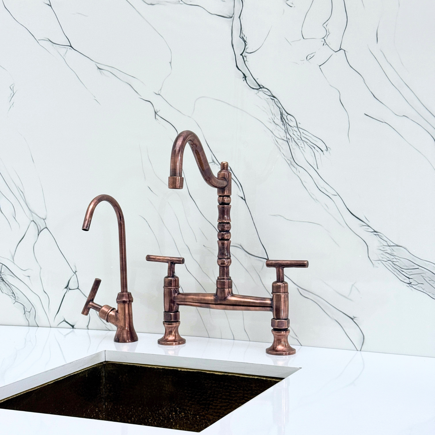 Antique Copper Bridge Victorian Kitchen Faucet with Sprayer, Drinking Water Tap and Lever Handles