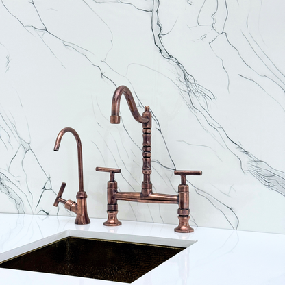 Antique Copper Bridge Victorian Kitchen Faucet with Sprayer, Drinking Water Tap and Lever Handles