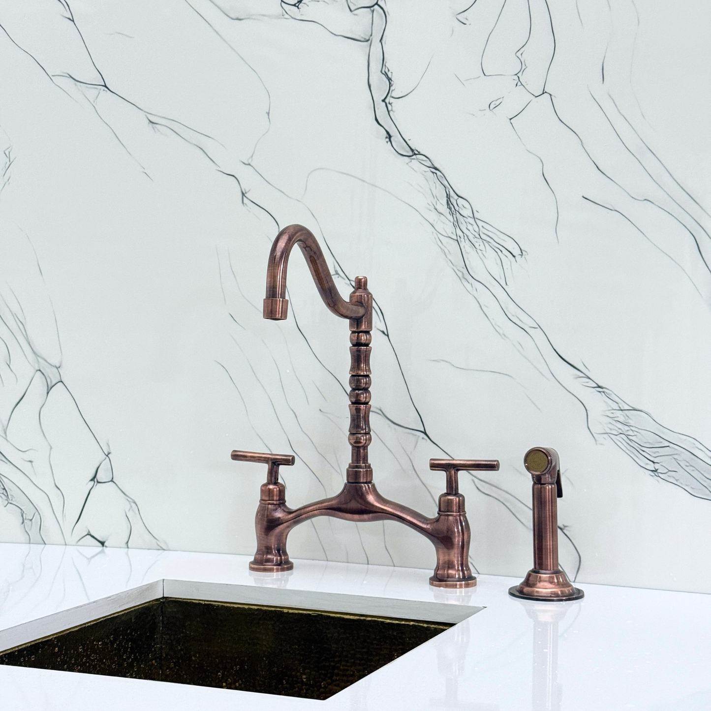 Antique Copper Victorian Bridge Kitchen Faucet with Sprayer, Drinking Water Tap and Lever Handles