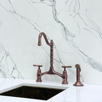 Antique Copper Victorian Bridge Kitchen Faucet with Sprayer, Drinking Water Tap and Lever Handles
