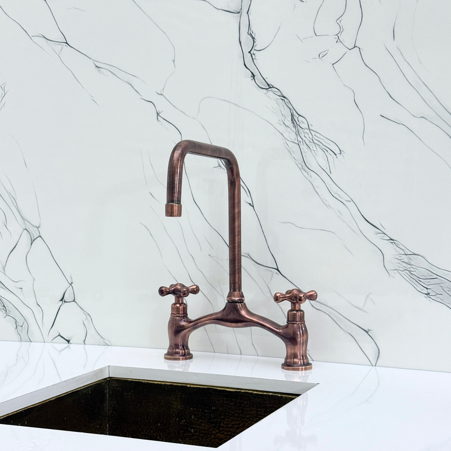 Antique Copper Vintage Bridge Kitchen Faucet with Sprayer, Drinking Water Tap and Cross Handles