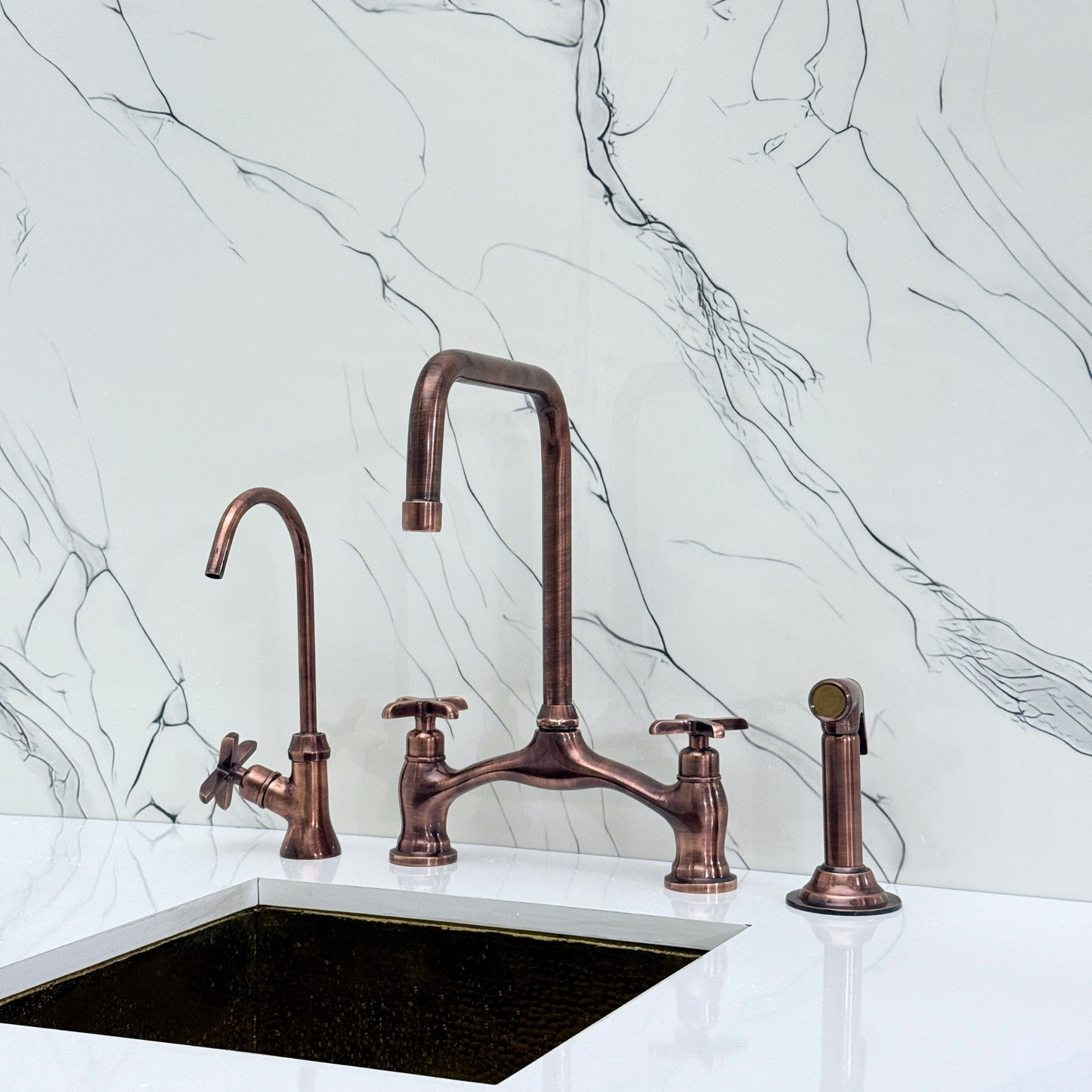 Antique Copper Vintage Bridge Kitchen Faucet with Sprayer, Drinking Water Tap and Cross Handles