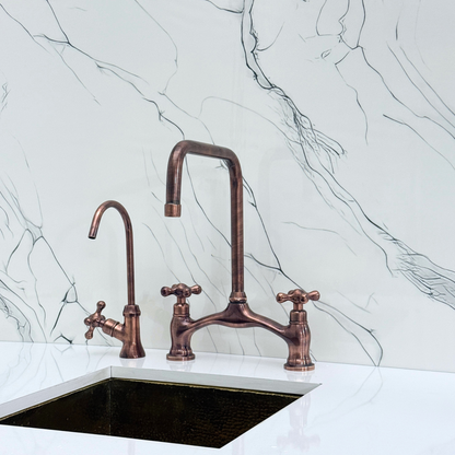 Antique Copper Vintage Bridge Kitchen Faucet with Sprayer, Drinking Water Tap and Cross Handles