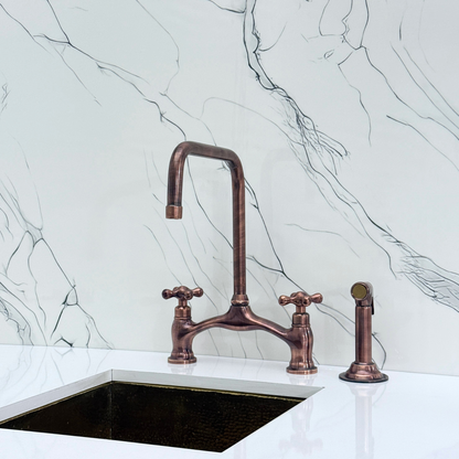 Antique Copper Vintage Bridge Kitchen Faucet with Sprayer, Drinking Water Tap and Cross Handles